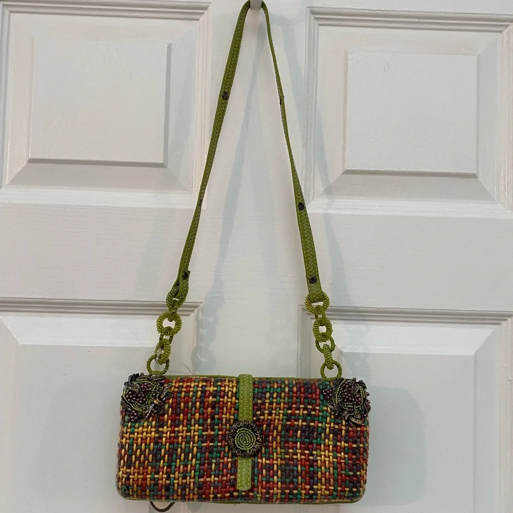 NWT! Mary Frances Green Beaded Bejeweled Collectible Floral & Plaid Shoulder Bag